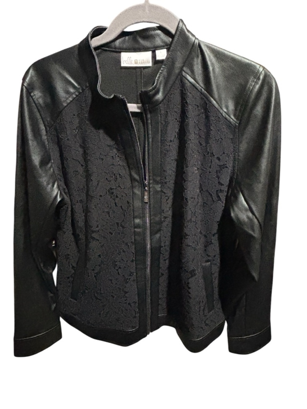 Belle by Kim Gravel Black Leather & Lace Zip Jacket